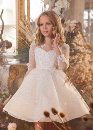 Illusion Neck Beaded Ivory Lace Glitter Tulle Flower Girl Dress